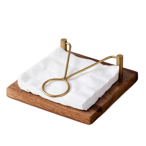 Servilletero de madera con brazo de metal dorado perfecto para mesa de comedor, encimera de cocina o café con decoración rústica moderna - Product Image 1