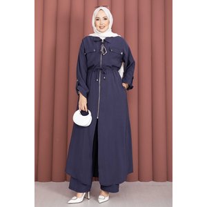 Conjunto de Túnica y Pantalones Casuales Azul Marino para Mujer, Talla XXL, Estampado Floral en Lona, Cintura con Cremallera, Dos Piezas, Falda de Oficina - Product Image 4