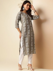 Mujer estampado floral cuello redondo puro algodón recto Kurta indio Pakistán kameez - Product Image 2