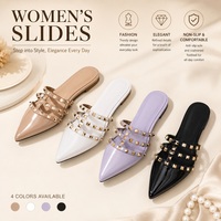 Mules plates en cuir PU pour femmes, à bout pointu, avec lanières cloutées dorées, semelle antidérapante en TPR, sandales d'été pour femmes, vente en gros