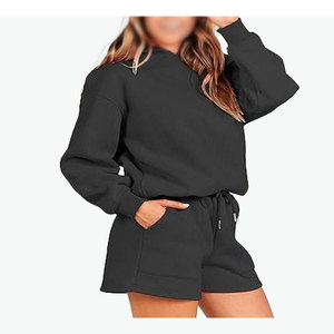 ชุดเซ็ตเสื้อฮู้ดแขนยาวและกางเกงขาสั้นลำลองคุณภาพสูงสำหรับผู้หญิง  รับสกรีนโลโก้  ลายเรียบ  ความยาวเหนือเข่า สำหรับฤดูใบไม้ผลิ - Product Image 5