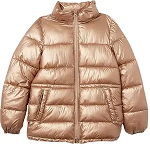 Ladies Women's Long Sleeve Quilted Wet Shiny Look Padded Puffer Fur Hooded Puffer Coat Jacket Shiny Look Hooded Bubble Jacket