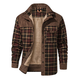 Giacca Retro da <span class=keywords><strong>Uomo</strong></span> Personalizzata con Fodera in Sherpa, Cotone Ispessito, Maniche Lunghe, <span class=keywords><strong>Collo</strong></span> Alto, Antivento, Classica Camicia a Quadri - Product Image 1