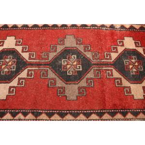 Turkish Vintage <b>Wool</b> Area Rug 3.6x8.4 ft (111x255 Cm) <b>Red</b> Patchwork Rug with Eco-Friendly Latex Backing - Product Image 3