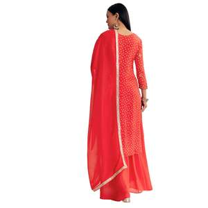 Traje naranja brillante Bandhani Kurta Palazzo con lentejuelas y trabajo Zardosi al por mayor mujeres Ropa Étnica OEM fábrica proveedor a granel - Product Image 5