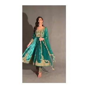 Luxury Beautiful Designer Indian & Pakistani Clothing Heavy Velvet Fabric Long Anarakali Gown with Dupatta for Wedding and Party