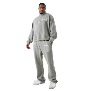 Sweat-shirt gris à col zippé pour homme avec logo personnalisé et pantalon large assorti, ensemble de survêtement OEM ODM, vêtements en gros - Product Image 4
