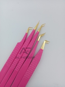 แหนบต่อขนตาสแตนเลสอย่างดี สีชมพูสด ปลายสีทอง จับแบบเพชร ปลายไฟเบอร์ - Product Image 4