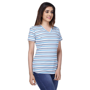 Ropa de mujer Oversize elegante manga corta Slim Fit rayas Casual mujeres camisetas diseño personalizado cuello en V camiseta para mujer - Product Image 3