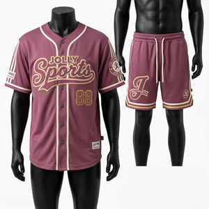 Ensemble short et maillot de baseball pour homme en polyester mesh GSM premium, couleur mauve crème, avec logo brodé. - Product Image 1