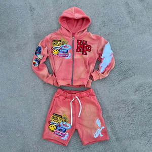 Custom <b>Mens</b> Streetwear Two Piece Summer Tracksuit Sun Faded Distressed Embroidered Zip Up Hoodie & <b>Shorts</b> Set - Product Image 3