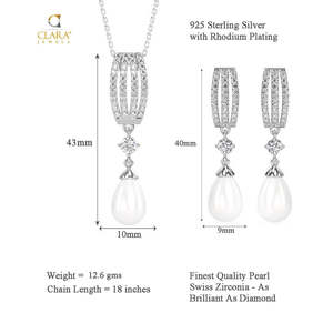 CLARA Parure de bijoux fins en argent sterling 925 avec pendentif perle Reine, boucles d'oreilles et chaîne plaqués rhodium et zircone suisse pour femme - Product Image 6