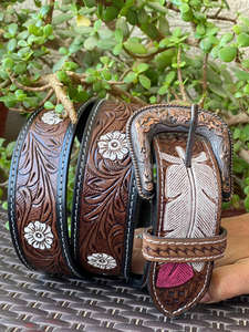 Unisex Stylish Western-Style Cowhide <b>Leather</b> Belts Hand <b>Tooled</b> Carving High Brass Steel Custom Fashionable Vintage Cowboy Design - Product Image 3