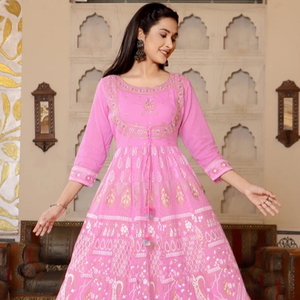 Ensemble pantalon et kurta indien ethnique pour femme, en coton rose, col en V, manches longues, silhouette évasée, lavable en machine - Product Image 1