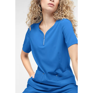 Haut de blouse médicale pour femme à col en V zippé et manches courtes, respirant et extensible, avec poches, pour infirmière, médecin et personnel hospitalier - Product Image 3