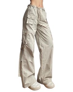 Pantalon cargo beige pour femme, taille haute, jambe large, pantalon utilitaire, streetwear, coupe ample, multi-poches, pantalon décontracté tendance - Product Image 6