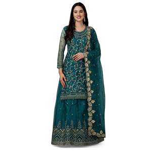 Trendmalls Ensemble de costumes Salwar à broderie en filet pour femme Kurta Lehenga avec Dupatta (G112-Morpeach) - Product Image 1