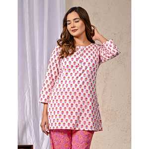 Conjunto de Dos Piezas de Algodón Blanco y Rosa con Decoración de Botones, Manga Tres Cuartos, Tops y Shorts para Uso Diario, Talla XS/XS, para Otoño y Verano - Product Image 1