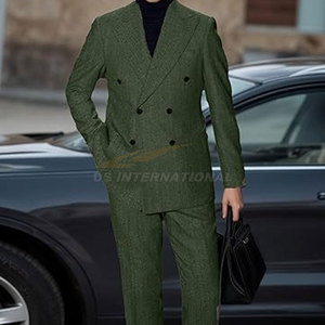 Traje Retro de Tweed Verde para Hombre, Esmoquin Ajustado de Doble Botonadura con Blazer y Pantalones, Traje Formal Vintage, 2 Piezas - Product Image 2