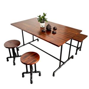 Industrial Design 4-Person Seating <b>Table</b> and Chair Set <b>with</b> <b>Foldable</b> Pipe <b>Legs</b> Acacia Wood Top for Farmhouse or Kitchen-CBBA109 - Product Image 2