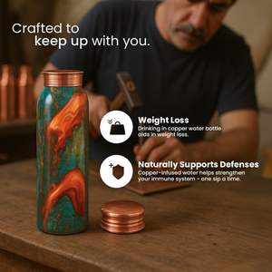 Botella de agua de cobre puro 100% de lujo 30 Oz sin BPA y a prueba de fugas elegante botella Ayurvédica para bienestar viajes de oficina y... - Product Image 5