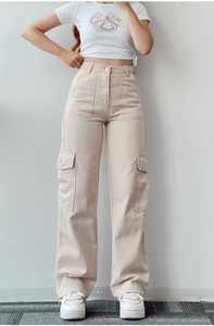 Bán Buôn Châu Âu Cao Eo Phụ Nữ Giản Dị Thẳng Rộng Chân Denim Quần Vận Chuyển Hàng Hóa Túi Rửa Thời Trang Phố Tùy Chỉnh Ngà <span class=keywords><strong>Jeans</strong></span> - Product Image 3