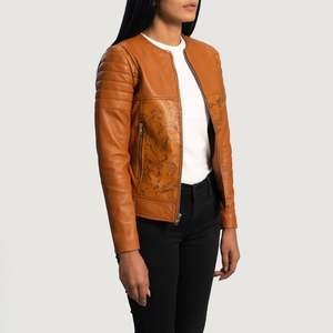 Chaqueta de Cuero Acolchada Color Bronceado para Mujer, Reversible, con Logotipo Personalizado, Tela Satinada, Talla 3XL, Otoño-Primavera, Decorada con Plumas - Product Image 2