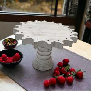 Medium Antique Vintage Farmhouse Mango <b>Wood</b> Hand-<b>Carved</b> Luxury Unique Eco-Friendly Wedding Dinnerware Dessert Cake Display Stand - Product Image 5