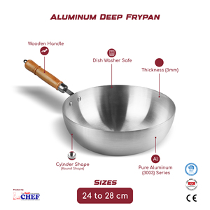 Poêle à frire classique de 28 cm en argent avec manche en bois, alliage d'aluminium de 3 mm, hauteur de 9 cm, écologique, compatible lave-vaisselle, cuisinière à gaz, couvercle - Product Image 6