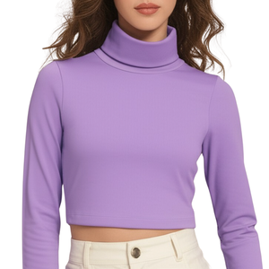 Haut court à col roulé violet pour femme, chemisier tricoté à manches longues, couleur unie minimaliste, coupe élastique, toutes saisons - Product Image 2