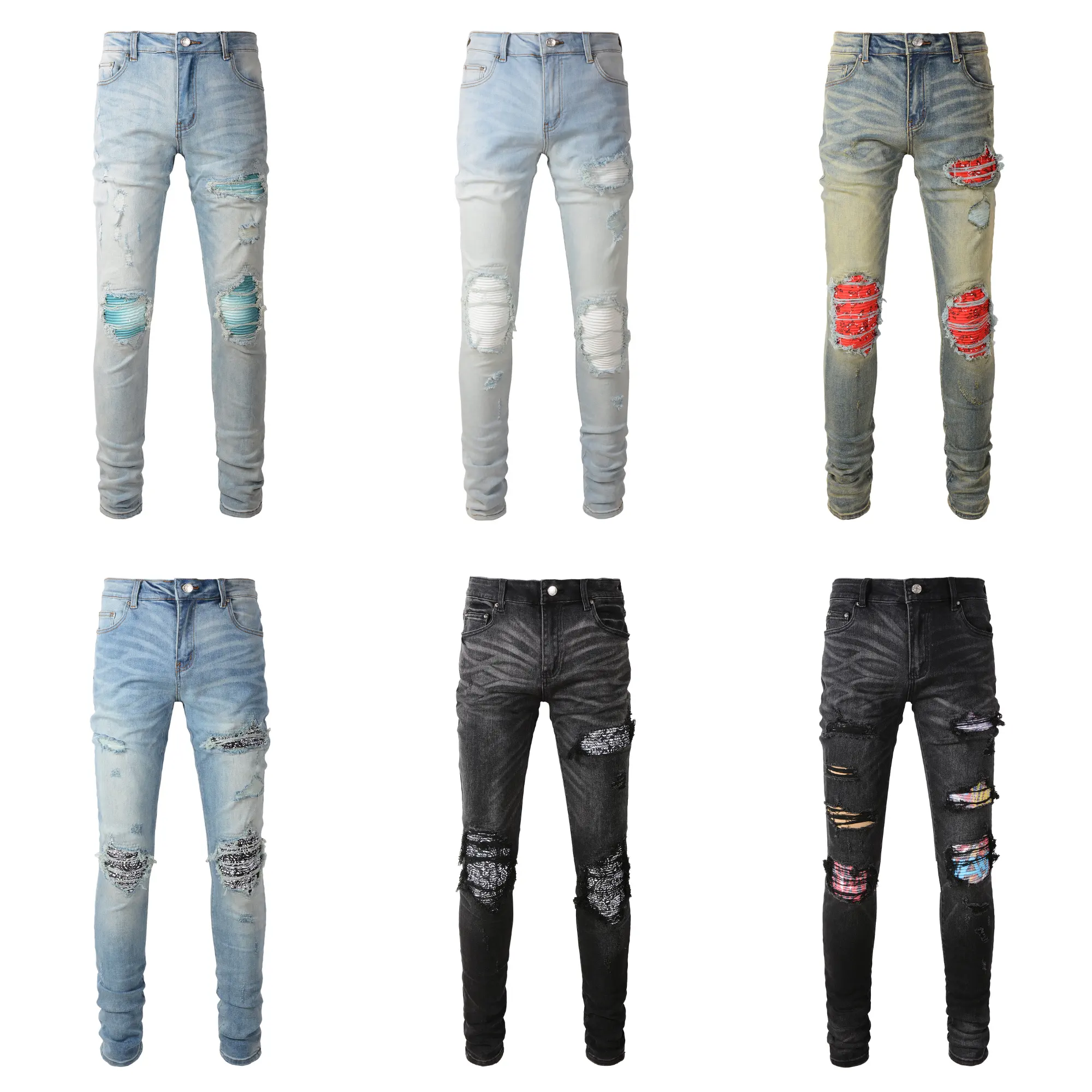 Drop shipping wholesale black distressed slim fit ripped patched stacked stretch zipper crystal denim skinny jeans hommes boys