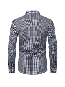 Camisa de Manga Larga con Estampado Digital a Cuadros Clásica para Hombre, Tejido de Poliéster Ligeramente Elástico, Estilo Maduro, Cuello de Solapa, Color Antiarrugas - Product Image 2