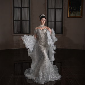 chinese dress ladies Flattering Lace Crepe Long Mermaid Bridal Gown