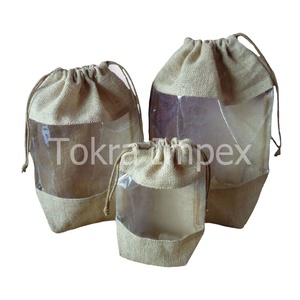 Accessoires de maquillage cosmétique emballage fenêtre transparente voir à travers la fermeture de chaîne un sac promotionnel à cordon de jute laminé - Product Image 1
