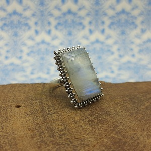 925 Sterling Silver Bohemian Artisan <b>Crafted</b> Designer <b>Ring</b> Chunky Rainbow Moonstone with Diamond Main Stone Weddings Engagements - Product Image 4