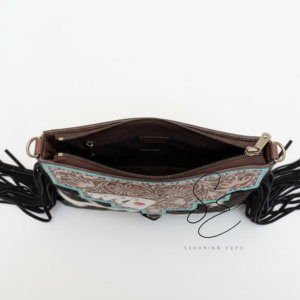 Bolso Bandolera de Cuero Vacuno Turquesa con Flecos y Grabado Artesanal, Estilo Vaquero Occidental - Product Image 6