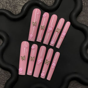 Luxury Long Coffin Pink Chic Aura Press-On <b>Nail</b> Set - Product Image 2
