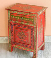 Table de chevet en bois peinte à la main indienne, vintage, avec tiroir et porte, design floral du Rajasthan, rouge et vert
