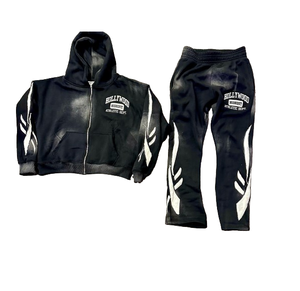 ชุดเสื้อแจ็คเก็ตผ้าฝ้าย100% ซักกรดมีฮู้ดระบายอากาศมีซิปกางเกงมีฮู้ดกางเกงขาบานแบบปักลาย - Product Image 5