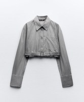 Conception irrégulière femmes col à revers Crop Blouses manches longues boutons décontracté coton court gris ceinturé rayé Crop chemise