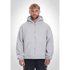 Double Layer Full Zip Hoodie-Light Grey Organic Cotton French Terry Distressed Patchwork Screen Print - Product Image 3