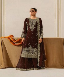 LATEST GEORGETTE CODING SEQUENCE MOTI WORK <b>TOP</b> PALAZZO DUPATTA FESTIVE WEAR WHOLESALE PRICE ETHNIC GARMENT <b>BROWN</b> Rayon <b>Long</b> - Product Image 2