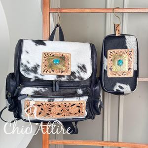 Large Capacity Fashionable Hand <b>Tooled</b> Cowhide <b>Leather</b> Multi-functional Travel Diaper Bag Backpack & Toiletry Bag for Women's - Product Image 1