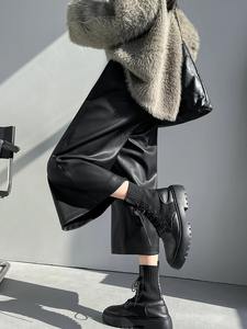 Original pantalon en cuir femmes automne hiver 2025 nouveau décontracté élastique taille haute jambe large poche pantalon noir kaki - Product Image 3