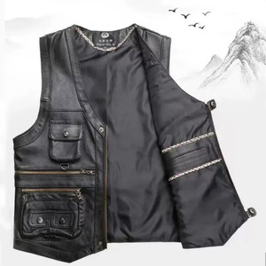 2024 Cowhide Genuine Leather Men's Thick Waterproof Motorcycle Safety Vest with <b>Stand</b> Collar Multi-Pocket - Product Image 3