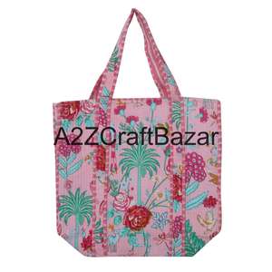 Sac fourre-tout en coton matelassé pour femmes, écologique, grand format, imprimé à la main, style bohème rayé, pour le transport quotidien, exposition - Product Image 1