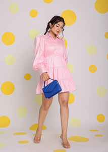 100% Baby Pink Cotton Summer <b>Mini</b> Dress Woven with Natural Cotton Fitted Bust Burst Short <b>Balloon</b> Sleeves Button Decoration - Product Image 2