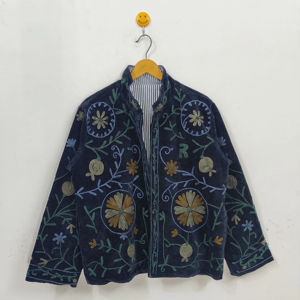 Blouson Bomber en Velours Uni, Broderie Main, Style Vintage Bohème Floral Ethnique Ouzbek, Écologique, Réversible, Hiver - Product Image 1