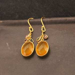 ต่างหูเงินแท้ 925 ชุบทองคำแบบคลาสสิก ประดับด้วยพลอยแคลเซโดนีสีเหลืองและทัวร์มาลีนทรงหยดน้ำ งานแฮนด์เมดสำหรับผู้หญิง - Product Image 2