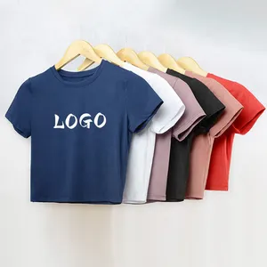 2023 wholesale custom Gym Ribbed Cotton Knit Semi Fitted Crew Neck Baby Tee Women Slim Crop Top T Shirts For Girls